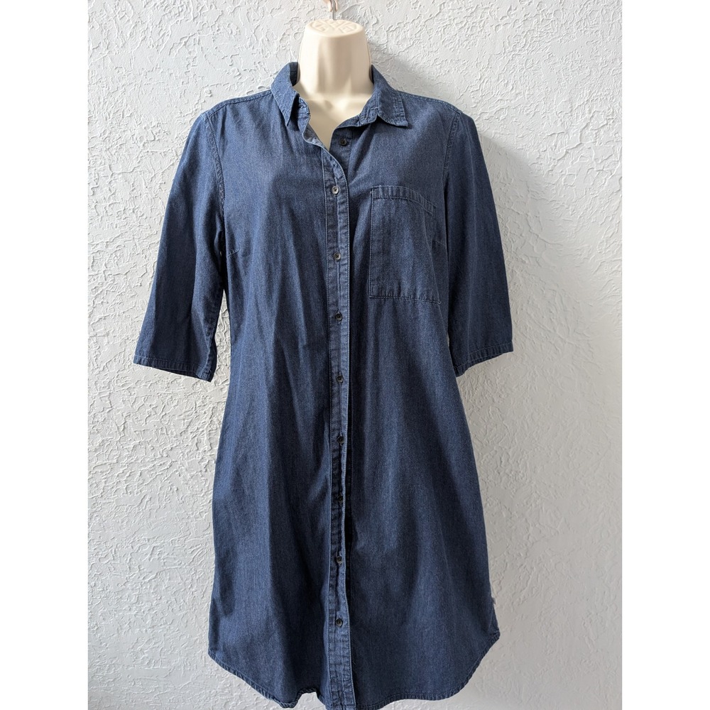 Calvin Klein Jeans Shirt Dress Womens M Denim Blue Elbow Sleeve Button Front